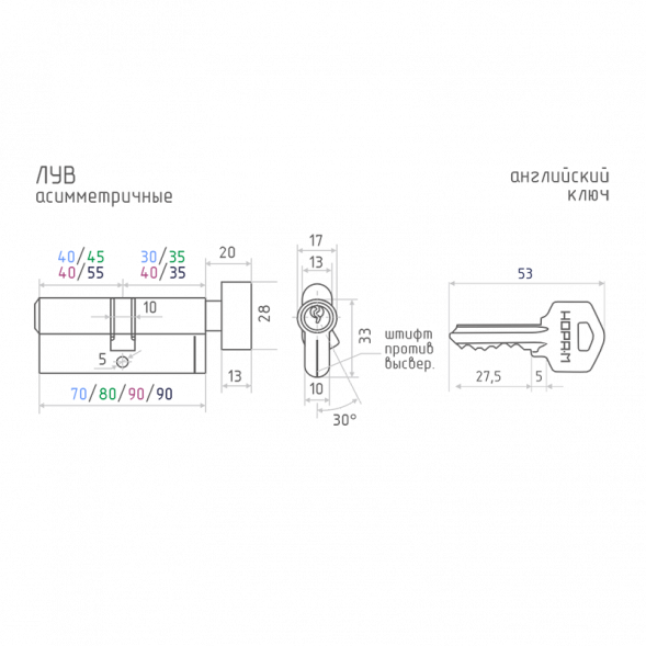 Цилиндр.мех-м ЛУВ-90 (латунь) (55-35в)  "Нора-М"