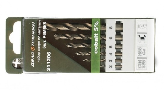 211206 Набор сверл по металлу P6M5K5, 6шт (d 2,3.4,5,6,8 мм)