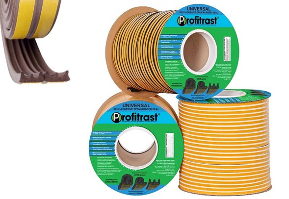 Уплотнители для окон Е-профиль (резиновый) на клейкой основе коричневый 150м/6 (9*4)