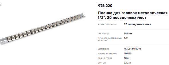 976220 Планка для головок металлическая 1/2"  20пр.