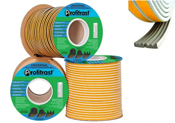 Уплотнители для окон Е-профиль (резиновый) на клейкой основе белый 150м/6 (9*4)