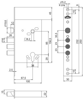 Замок врезной Лазурит никель 1.01.27 под цилиндр-стержени 3шт. d16мм Под фалевую ручку
