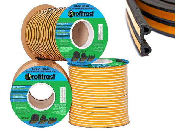 Уплотнители для окон Р-профиль (резиновый) на клейкой основе черный 100м/6 (9*5,5мм)