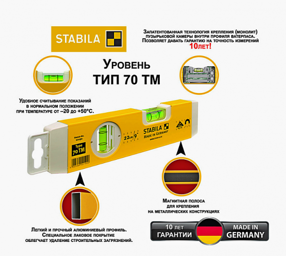 Уровень тип 70ТМ,22см (1верт.1гориз.магнитный,точн.0,5мм/м) STABILA