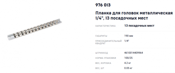 976013 Планка для головок металлическая 1/4"  13пр.