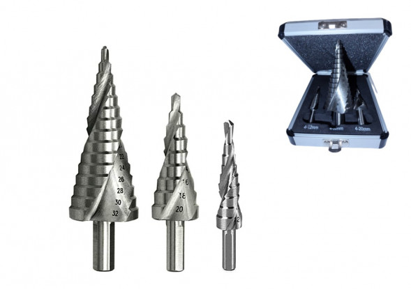 Набор сверл ступенчатых кобальт 3 предмета  4-12, 4-20, 4-32; (метал. коробка) витые М2 SKOLE