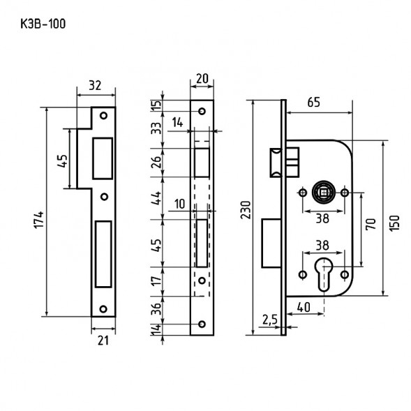 Корпус замка КЗВ-100 (70мм) (старая медь) Нора-М