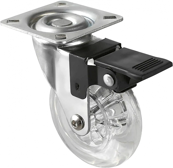 Колесо прозрачное PU поворотное с тормозом 75мм SCPB 93 ПР