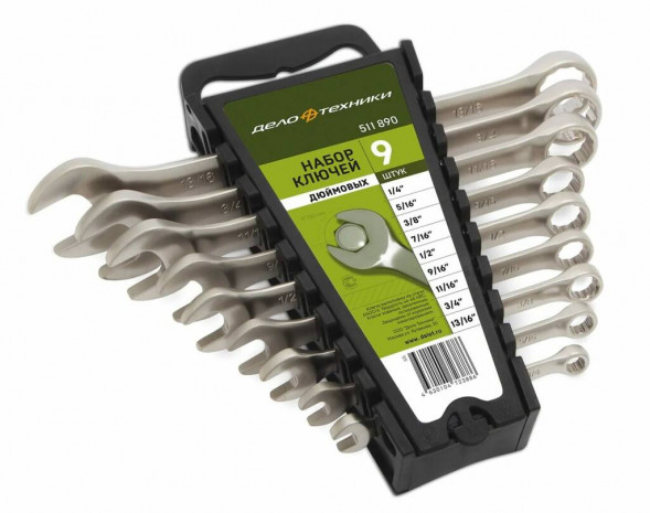 511890 Набор ключей комбинированных дюймовых 9шт (1/4 5/16 3/8 7/16 1/2 9/16 11/16 3/4 13/16) холдер