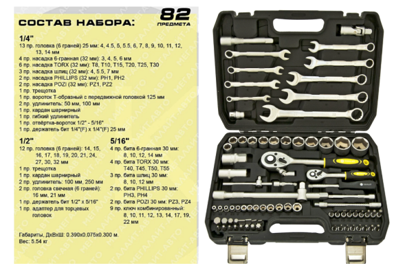 Набор инструмента ER-TK4821 1/4&quot;&amp;1/2&quot;DR 6-гранный 82 предмета ТК ЭВРИКА