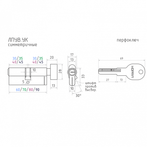 Цилиндр.мех-м ЛПУВ.УК-90 (латунь) (45-45)  "Нора-М"