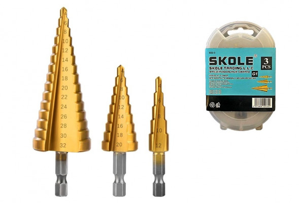 Набор сверл ступенчатых G1 3пр. пластиковая коробка SKOLE