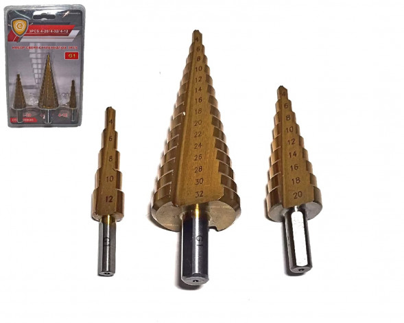 Набор сверл ступенчатых 3 предмета  4-12, 4-20, 4-32; (G1) СТРОНГ