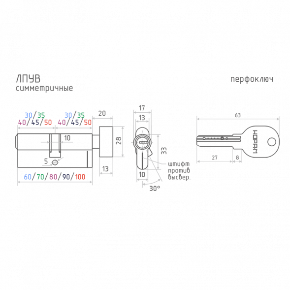 Цилиндр.мех-м ЛПУВ-60 (латунь) (30-30)  &quot;Нора-М&quot;