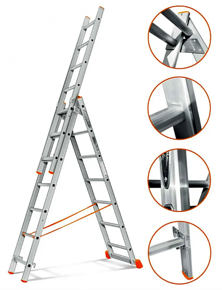 Лестница индустриального типа трехсекционная 3*7 алюмин. 195/304/412, 10,1 кг (344)