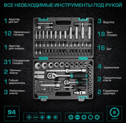 Набор инструментов, 1/2",1/4",СrV, пластиковый кейс 94 предм. STELS