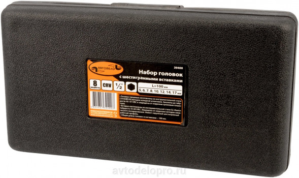 39400  Набор головок вставка НЕХ 5-17мм L 100 (DR1/2; 8пр; в кейсе) АвтоДело