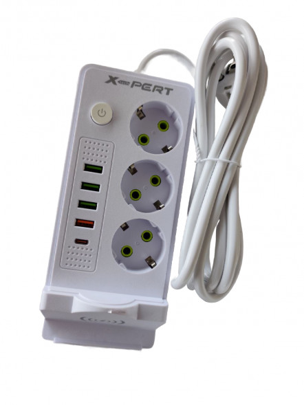 Удлинитель сетевой фильтр с беспроводной зарядкой 3 м (белый)