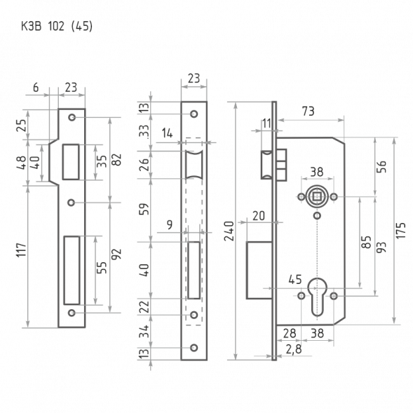 Корпус замка КЗВ-102 (85мм) (золото) 45мм  "Нора-М"