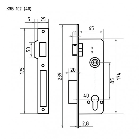 Корпус замка КЗВ-102 (85мм) (хром) 40мм  &quot;Нора-М&quot;