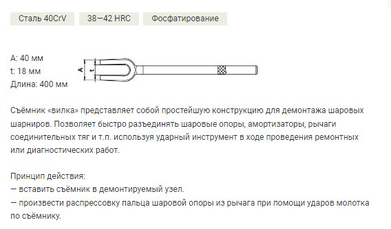 812018 Съемник шаровых соединений "вилка", 18мм, L=400мм