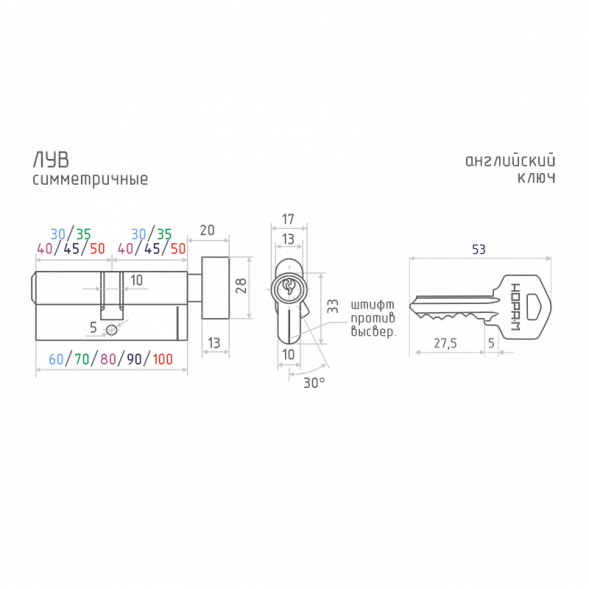 Цилиндр.мех-м ЛУВ-60 (латунь) (30-30)  "Нора-М"